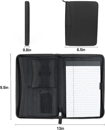 Mini Leather Zippered Padfolio Portfolio Binder 5 x 8 Legal Writing Pad, Professional Business Portfolio for Men & Women, Card Holder, Notepad Clipboard Holder (Black)