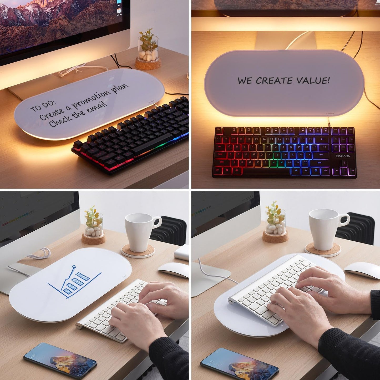 TSJ OFFICE Glass Desktop Whiteboard - 17 X 7 Inches Small Dry Erase Board with Green Light, Black Glass White Board Surface Notepad with 1 Drawer, Desk Organizers for Office, Home, School Supplies