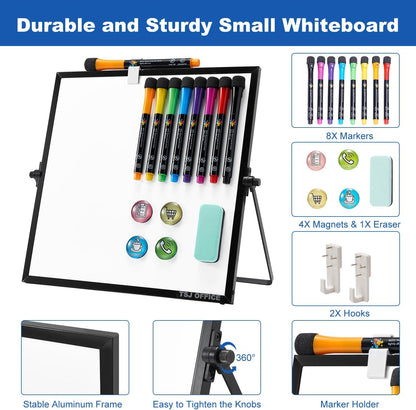 TSJ OFFICE Small White Board - 12 X 16 Inches Small Magnetic Dry Erase Board with Hooks for Wall, Desktop Whiteboard Stand 360 Degrees Revolving Double Sided for Office, Home, School, Silver