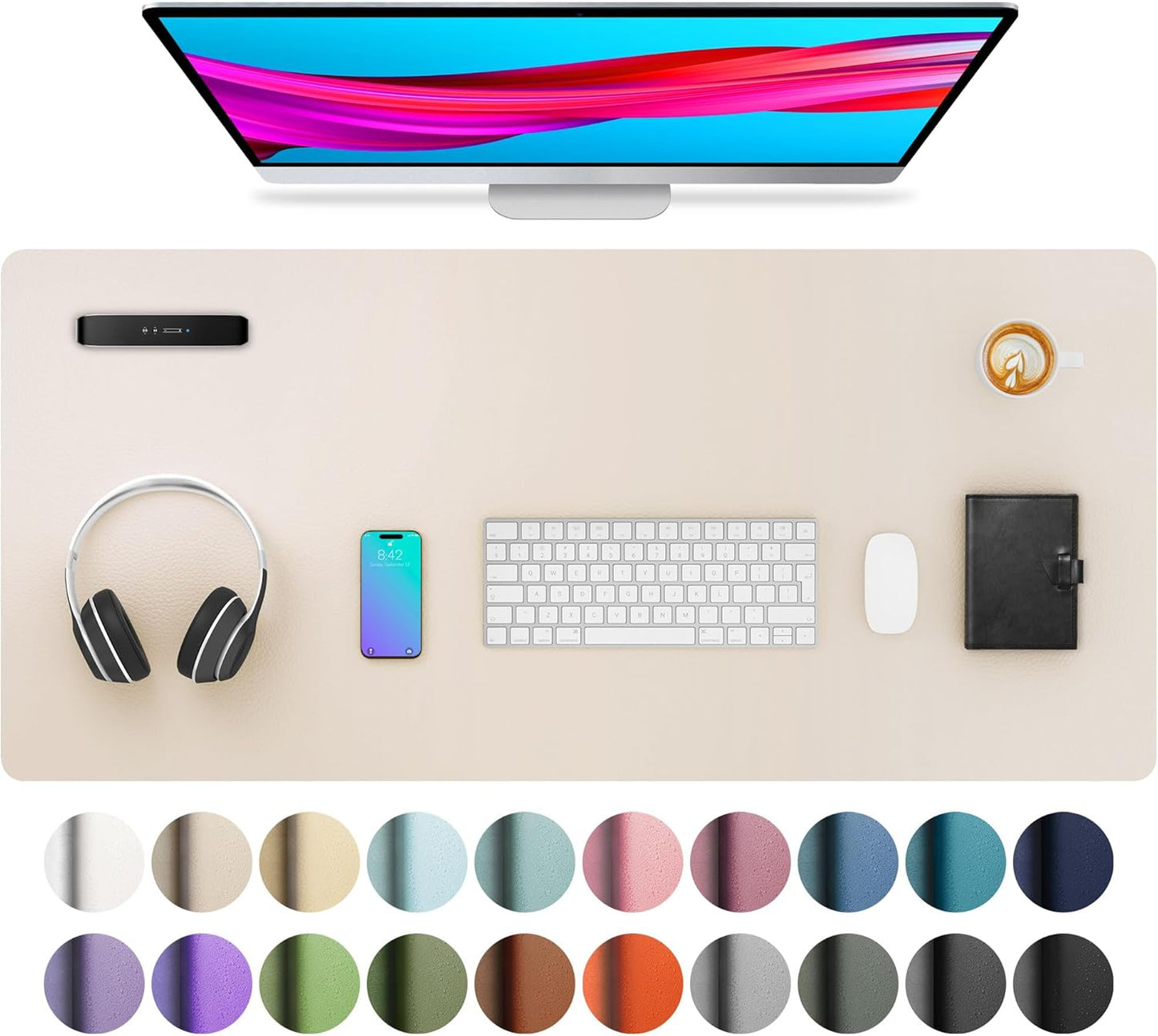 Aothia Non-Slip PU Leather Waterproof Laptop Desk Pad Protector, Blotter Mat, Writing and Mouse Pad for Office & Home, Beige, 23.6" x 13.7" - Colors B