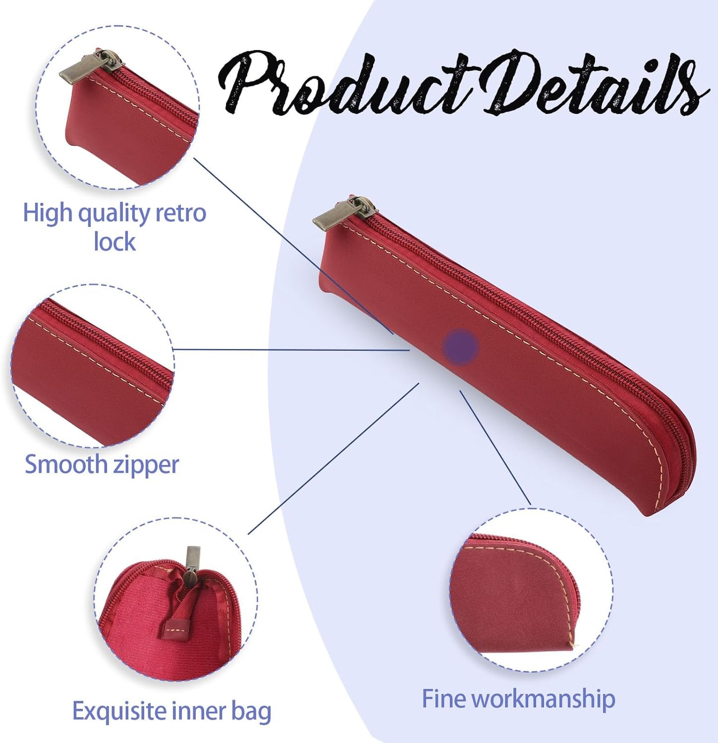 Psyqtsuary Leather Pencil Case, 2 Pcs Slim Small Pencil Pouch Portable Flat Pen Pouch with Zipper Simple Makeup Bag Lipstick Case for Women Men Home, Office, Travel Outdoor (Black, Claret)