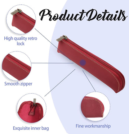Psyqtsuary Leather Pencil Case, 2 Pcs Slim Small Pencil Pouch Portable Flat Pen Pouch with Zipper Simple Makeup Bag Lipstick Case for Women Men Home, Office, Travel Outdoor (Black, Claret)