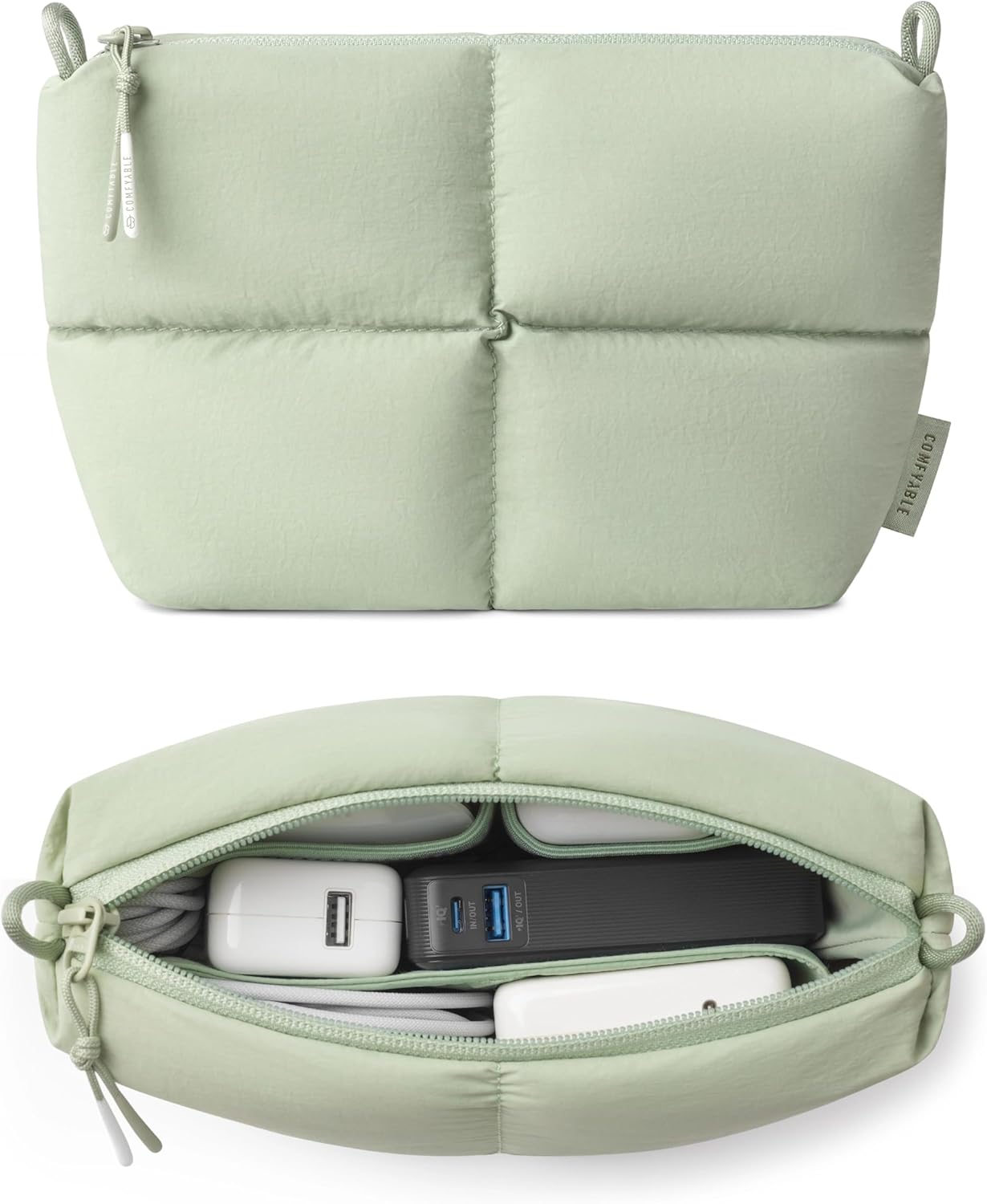 Comfyable Puffy Electronics Organizer Travel Case, Cute Tech Pouch for Women Men, Cable Storage Bag for Charger, Phone, Power Bank, Cord, Compact Tech Accessories Pouch, Rice