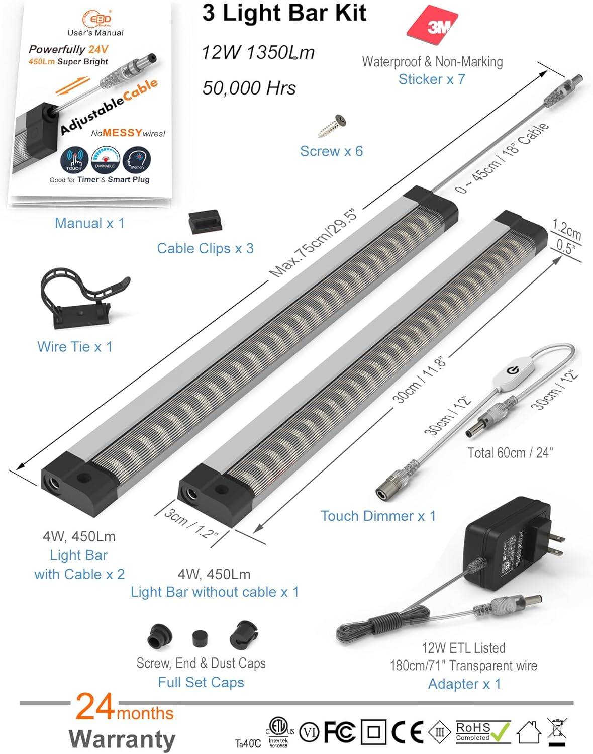 EBD LED Light Bar Built-in Adjustable Cable 12 Pcs Corner Input Under-Counter Light fixtures Work Bench linkable Touch Lights 3000K 5400 Lm Super Bright for Pantry Garage Shelves Closet Shelf