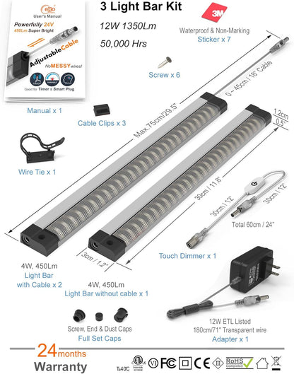 EBD LED Light Bar Built-in Adjustable Cable 12 Pcs Corner Input Under-Counter Light fixtures Work Bench linkable Touch Lights 3000K 5400 Lm Super Bright for Pantry Garage Shelves Closet Shelf