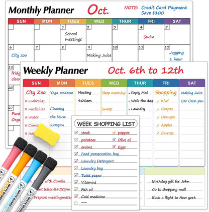 Dry Erase Magnetic Calendar for Refrigerator, 3 Pack- Monthly & Weekly & Daily Planner Magnet Whiteboard for Fridge Wall Door - Shopping, Meal/Menu, To Do List, Family Schedule Planning Board, 14"x11"