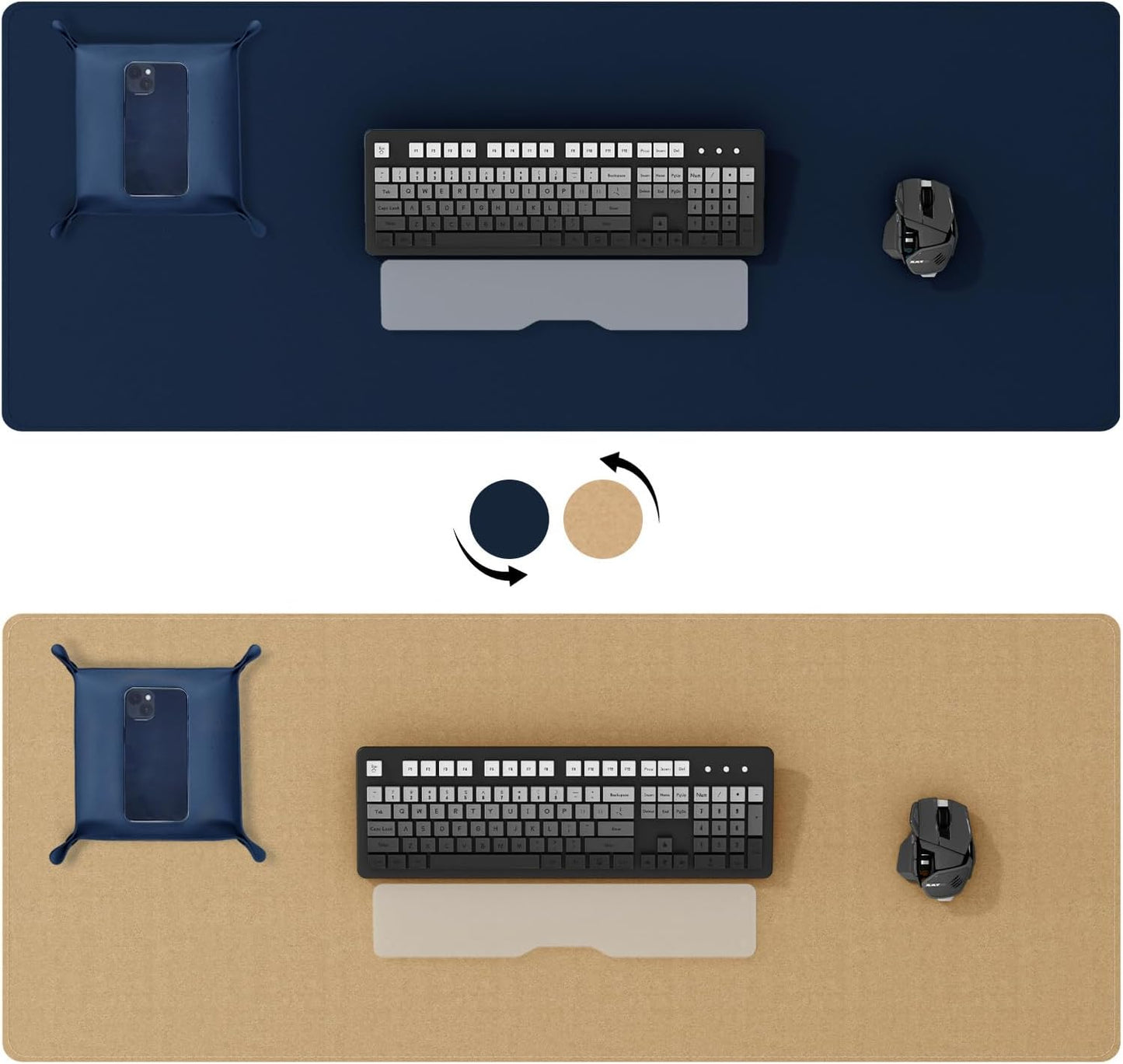 DAWNTREES Dual Sided Desk Mat,Leather Desk Pad,Brown 40"x16",Cork Desk Mat Protector,with PU Leather Valet Tray Organizer,Large Mouse Pad,Desk Writing Pad for Office and Home
