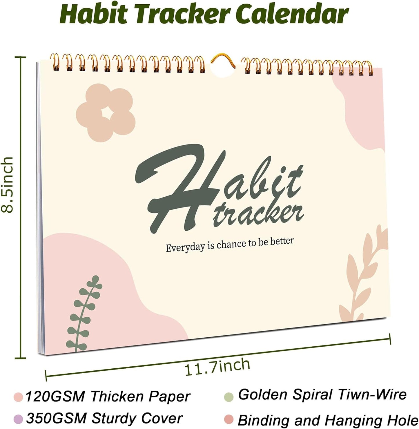 Habit Tracker Calendar, Aesthetic Daily Weekly Goal and Habit Tracker Journal, 12 Months Undated Habits Tracker Planner with Spiral Binding, Boost Productivity Tool and Workout Calendar, 11.7"x8.5"