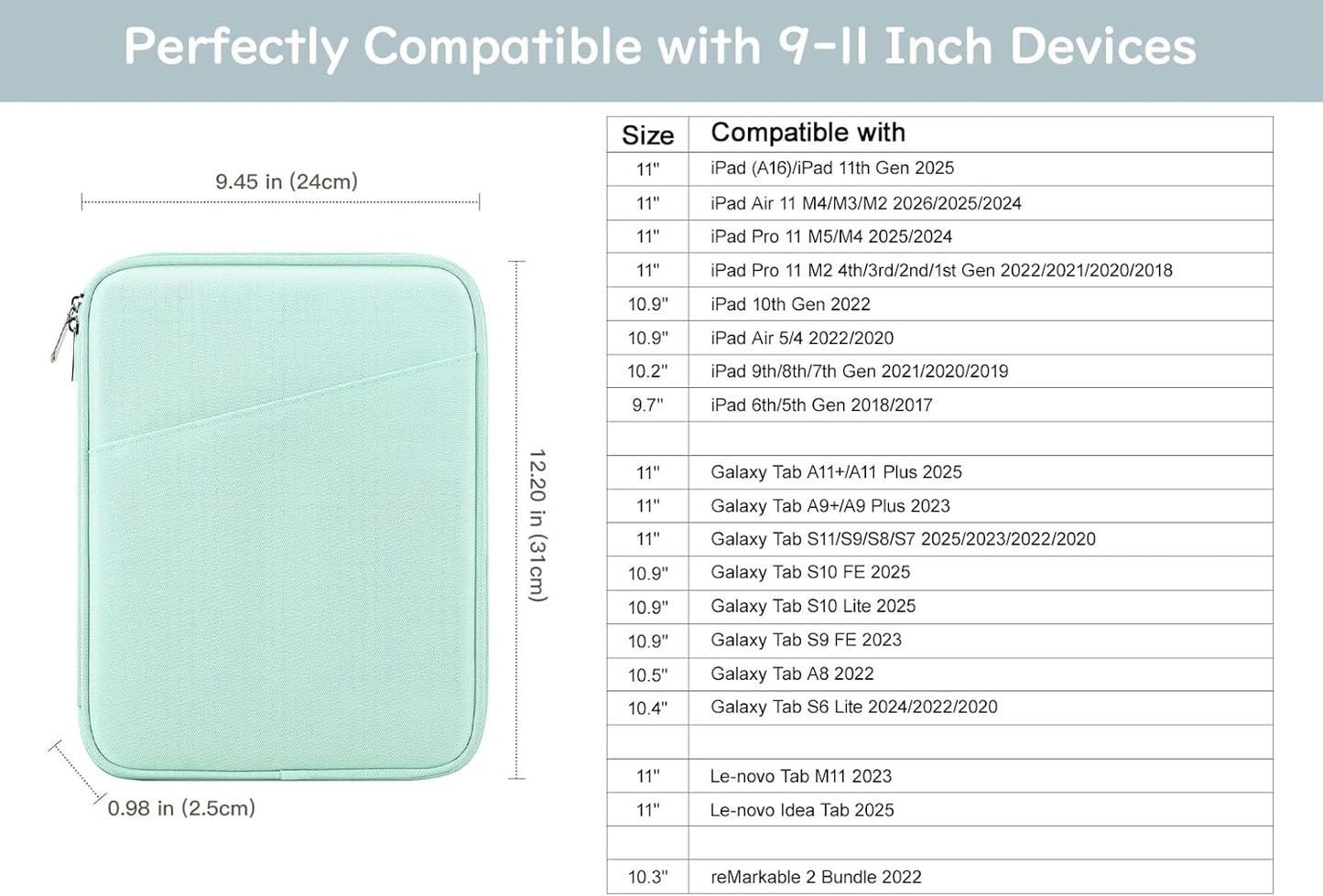 Dadanism 9-11" Tablet Sleeve Bag Carrying Case for iPad (A16) 11th Gen 11", iPad 10th Gen 10.9" Air 5/4, iPad Air M4/Pro 11", iPad 9/8/7th, Galaxy Tab A11+ Plus 11", Remarkable 2 10.3", Black
