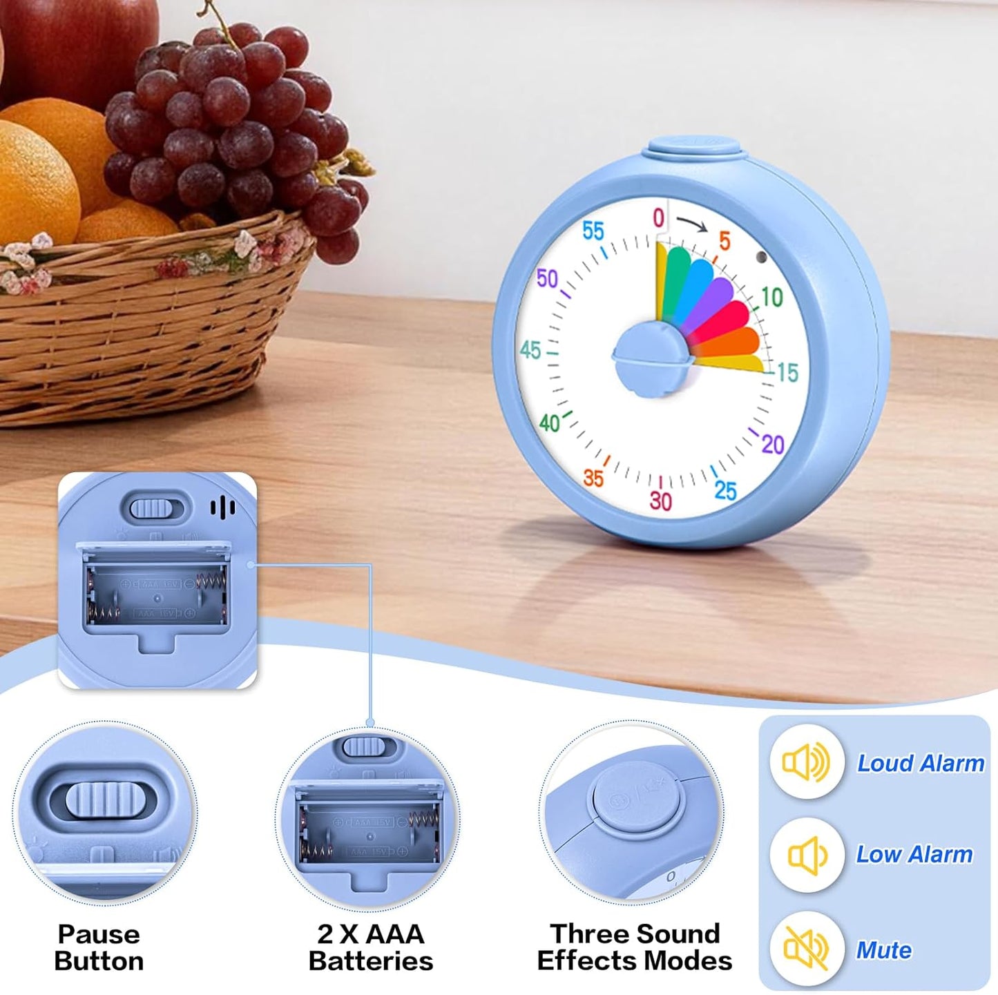 Mwellewm Visual Timer for Kids, 60 Minute Time Digital Pomodoro Timer Countdown with Silent Pause Function for Classroom Kitchen Study Cooking Meetings ADHD Rainbow Pattern(Blue)