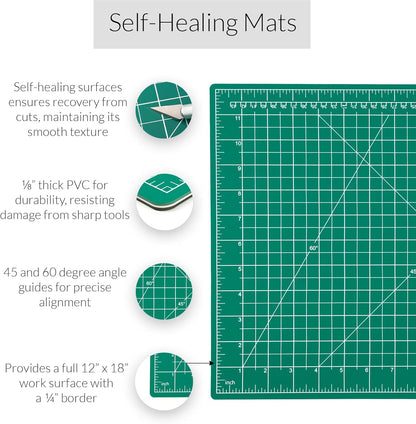 WA Portman 12x18 Inch Self Healing Cutting Mats for Crafts – Fabric Cutting Mat with Precision Craft Knife, 10#11 Hobby Knife Blades & Metal Ruler 18 Inch Cork Backed Ruler – All-in-One Craft Kit
