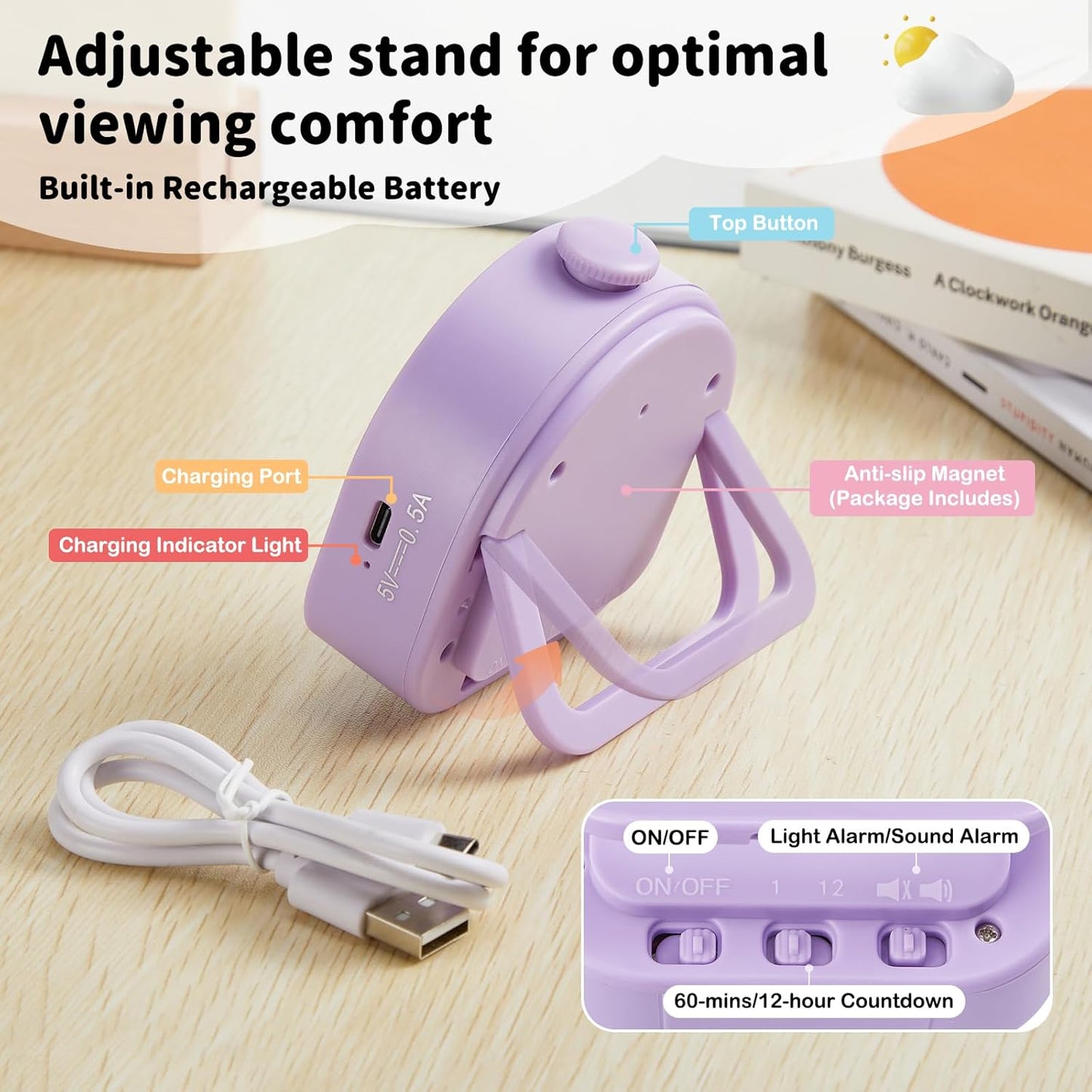 Visual Timer for Kids and Adults 60 Min/12 Hour Rechargeable Countdown Timer with Magnetic Sticker and Mute Function Kids Pomodoro Timers for Classroom Office Kitchen Silent Operation & Rainbow Disk
