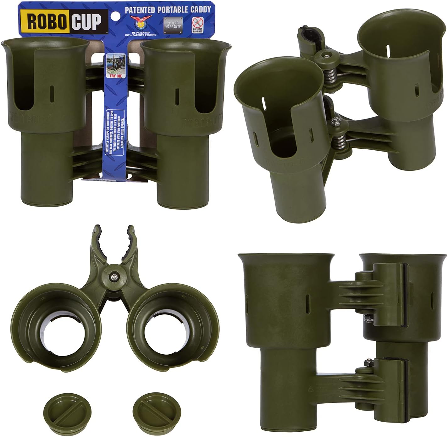 ROBOCUP, (White), Patented Clamp On Boat Cup Holder |Multifunction Dual Drink Caddy for Fishing Poles, Tools, Net, Gaff |Portable Storage for Boating, Beach, Umbrellas, Golf Carts, Strollers