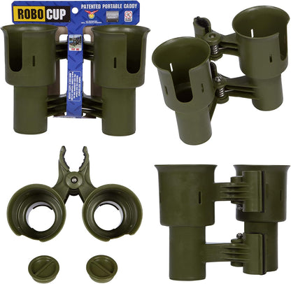 ROBOCUP, (White), Patented Clamp On Boat Cup Holder |Multifunction Dual Drink Caddy for Fishing Poles, Tools, Net, Gaff |Portable Storage for Boating, Beach, Umbrellas, Golf Carts, Strollers
