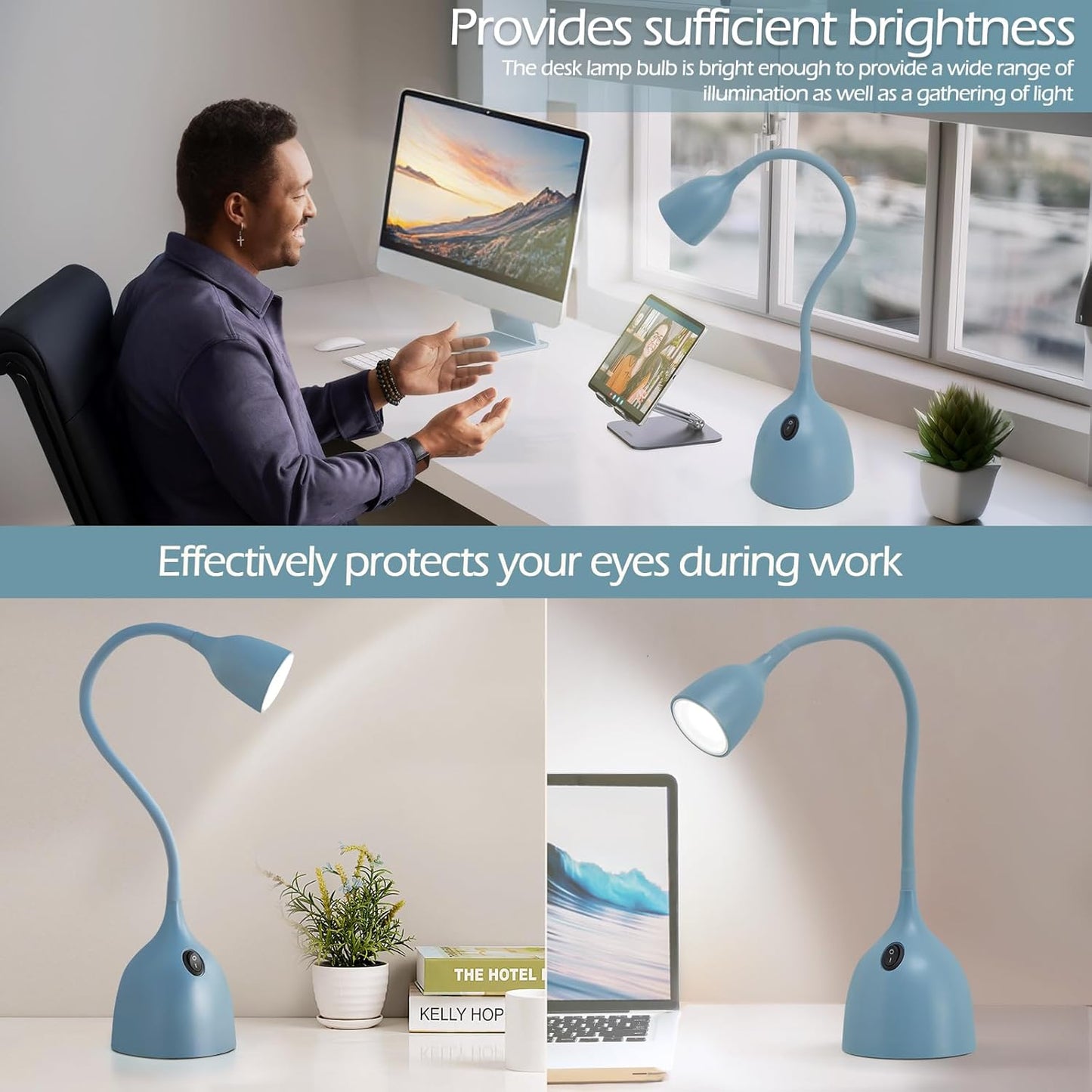 EJIAXIN Desk Lamp for Home Office - Clip on Reading Light and Bed Headboard Clamp Lamp, Bedside Gooseneck Table Lamp, Clip on Desk Lamps, Eye-Caring Desk Lamp for College Dorm Room Study Lamp, White
