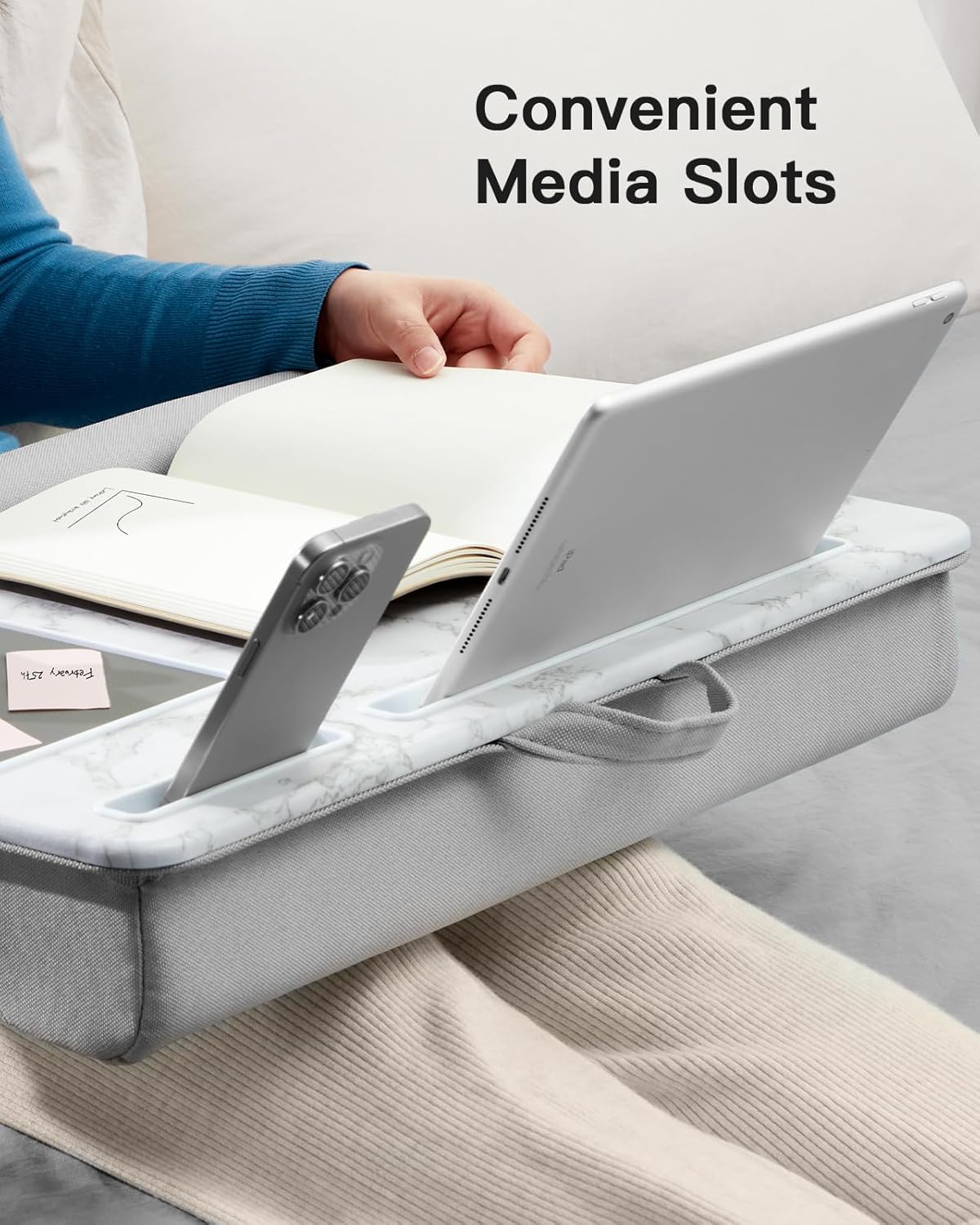 HUANUO Lap Desk - Fits up to 17 inches Laptop Desk, Built in Mouse Pad & Wrist Pad for Notebook, Laptop, Tablet, Lap Stand with Tablet, Pen & Phone Holder, Wood Grain