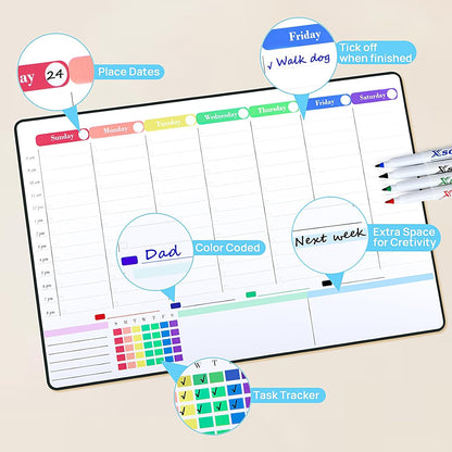 POPRUN Magnetic Fridge Calendar, 16.9"x11" Weekly Schedule Whiteboard, Dry Erase Board for Family Planning & Organization, Ideal for Home, School, Office