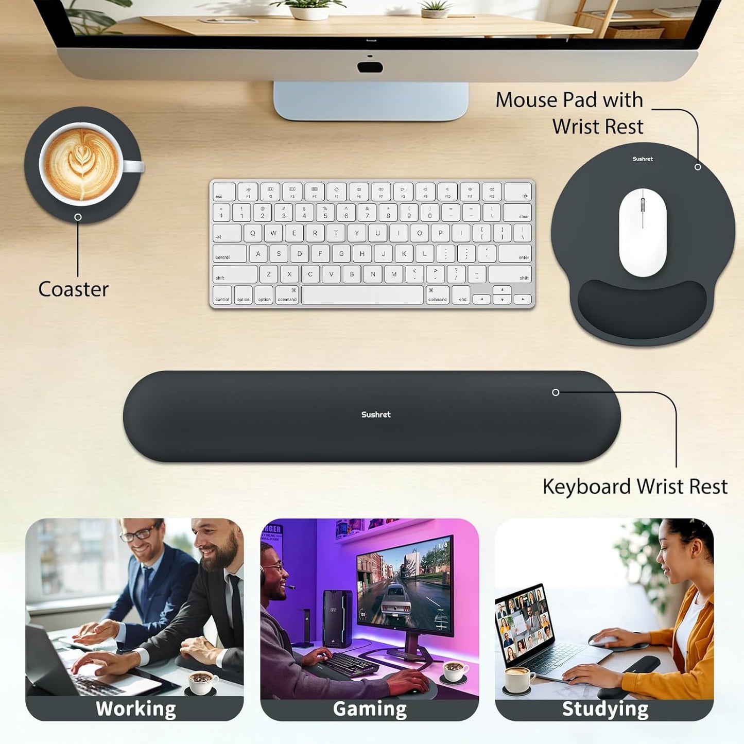 Sushret Mouse Pad and Keyboard Wrist Rest, 3-in-1 Gel Memory Foam Ergonomic Mouse Pad with Wrist Rest Set,Gaming Mousepad Arm Cushion Support for Computer Office Desk Accessories Cute Setup,Sage Green