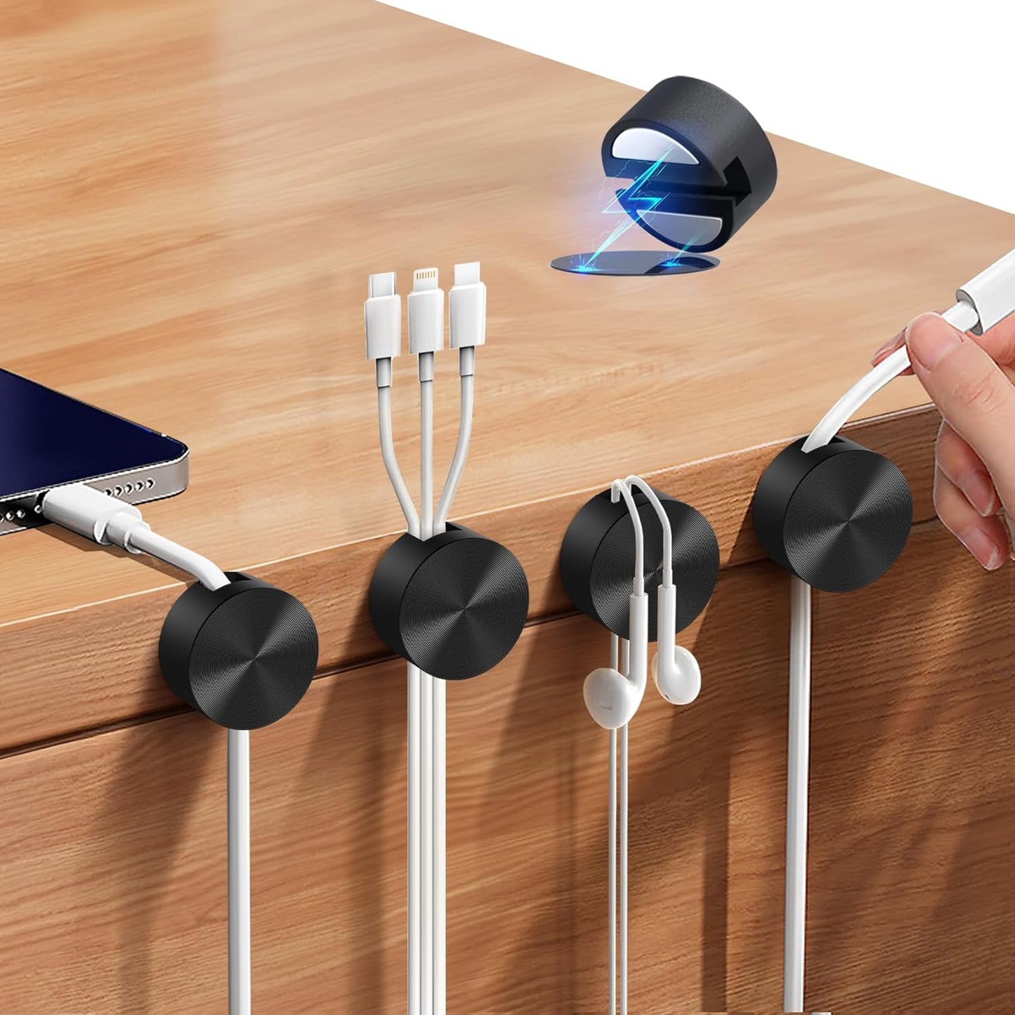 Maveek Magnetic Cord Clips Black, Silicone Cord Organizer Magnet Cable Holder Charging Cable Management Cord Keeper with Adhesive Metal Disc (5 Piece, Large Size)