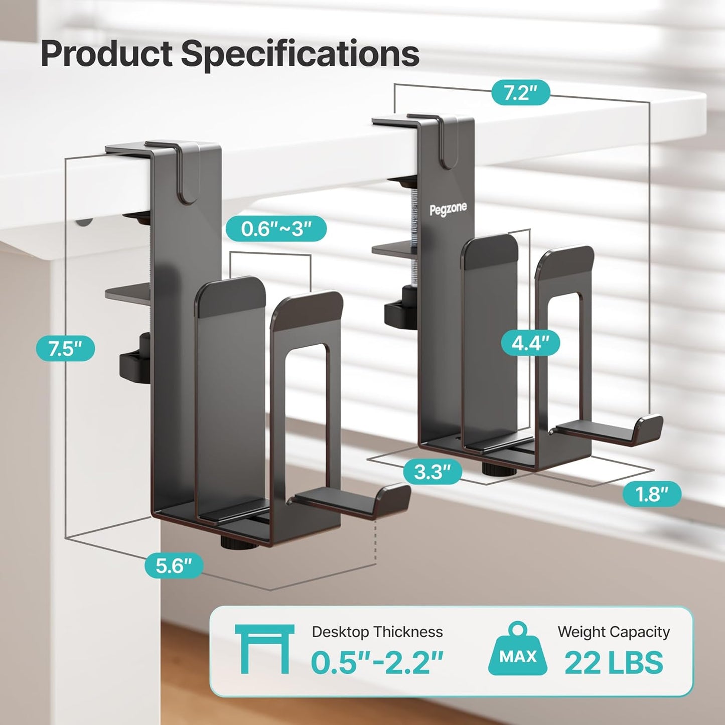 PEGZONE Laptop Stand Vertical, 2-Slot Under Desk Laptop Holder, Desk Side Storage with Headphone Holder, Laptop Organizer for Office Gaming, Black
