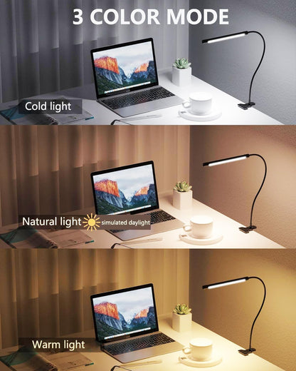 JHD Led Desk Lamp with Clamp - 10 Brightness Levels, 12" Flexible Gooseneck,Eye Protection USB Lamp - Suitable for Home Office, Reading, Bed Light,Quality Black Metal Clamp Light,Headboard Lamp