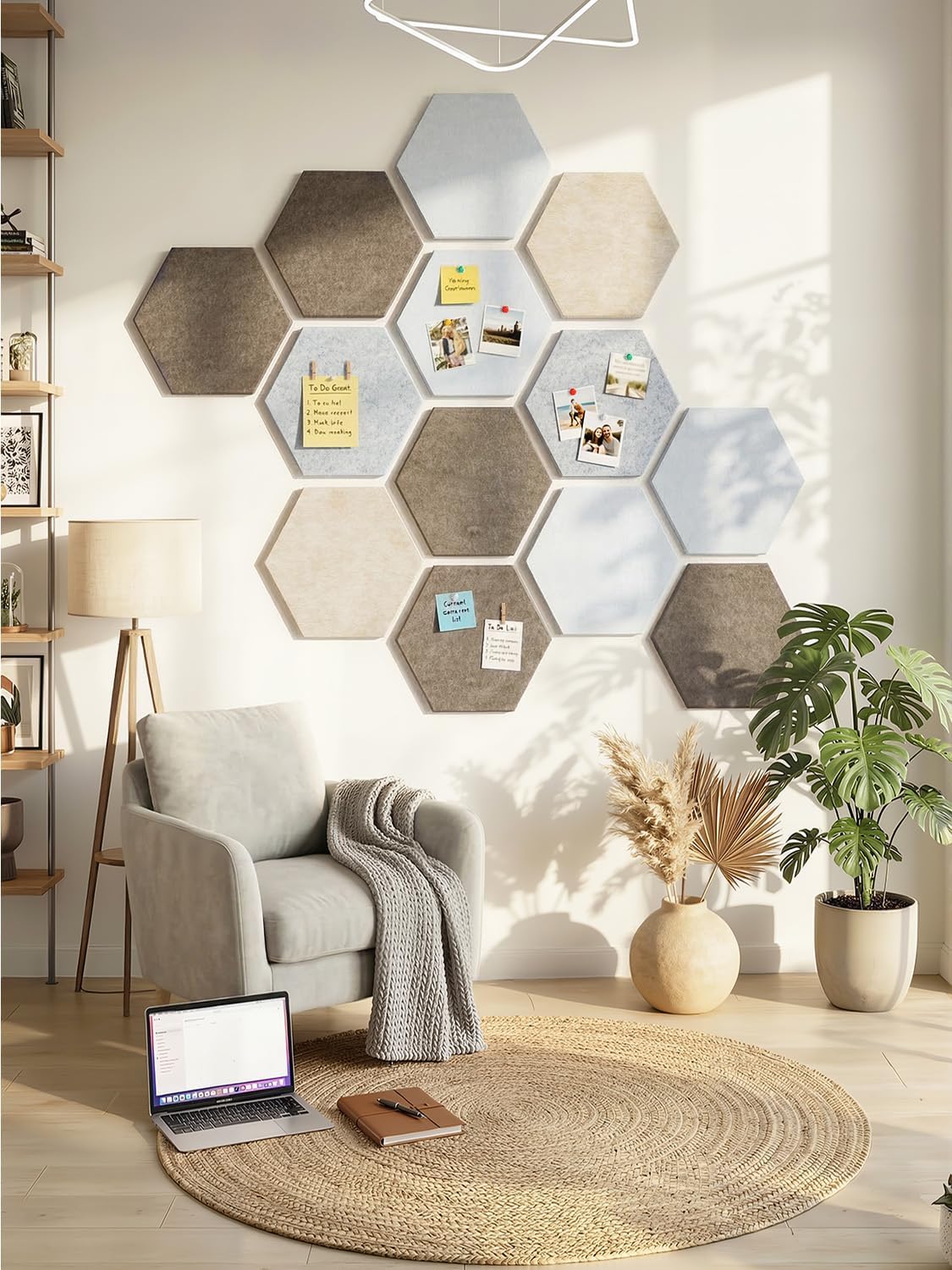 8 Pack Hexagon Felt Bulletin Board Tiles - 12" Large Thick Pin Board for Walls with 30 Push Pins, DIY Boards for Office Home School Decor, Aesthetic Hex Cork Board Alternative