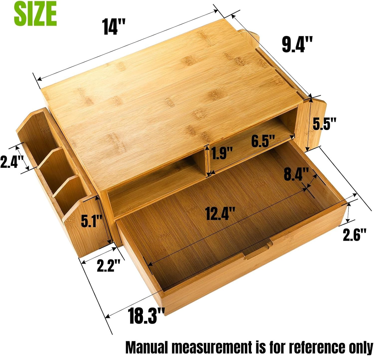 Hiceeden 2 Tier Bamboo Desktop Organizer, Desk Monitor Stand Riser with 1 Drawer and 2 Pen Holder, 2 Compartment Computer Desk Storage Organizer for Laptop, Printer