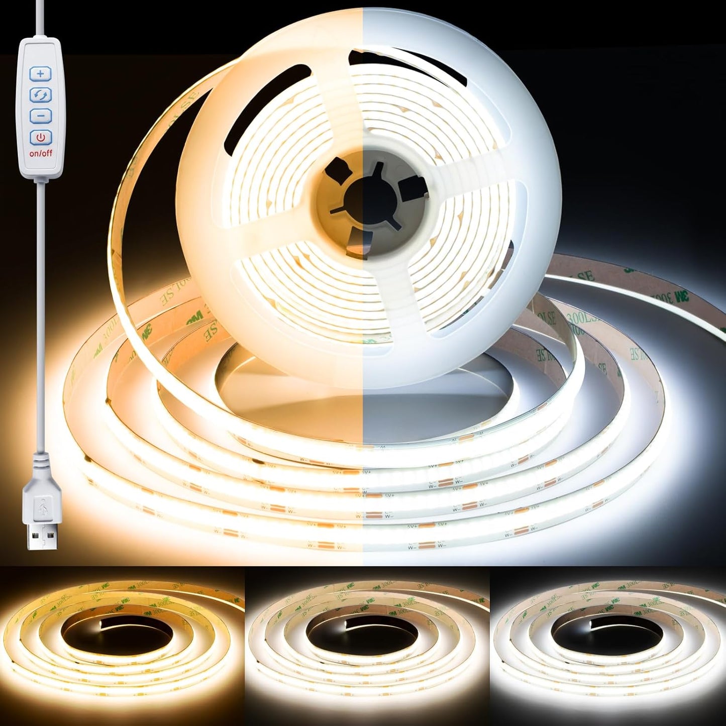 32.8FT/10M Blue COB LED Strip Light, 3200LEDS LED Tape Lights, High Bright CRI93+ Flexible Dimmable Light Strip for Bedroom TV Backlight Monitor Gaming Room Bar Decor(with Plug)