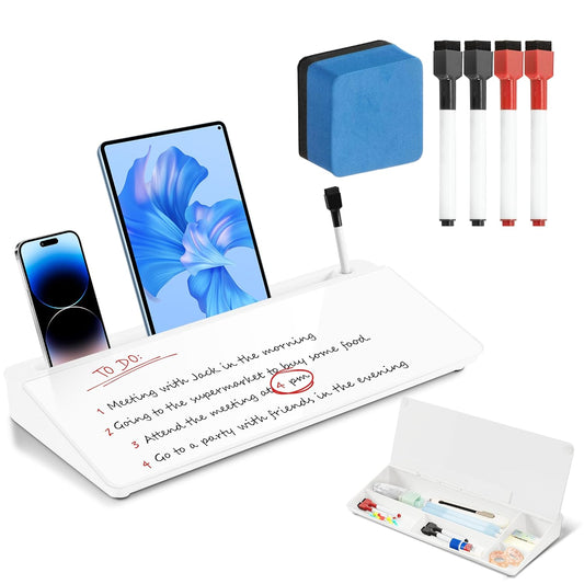 Glass Desk Whiteboard with Storage, 6.8" x 15.8" Small Dry Erase Board, Desk Board with Computer Keyboard Stand & Built-in Drawer, Includes 4 Markers, 1 Eraser for Office, Home, School