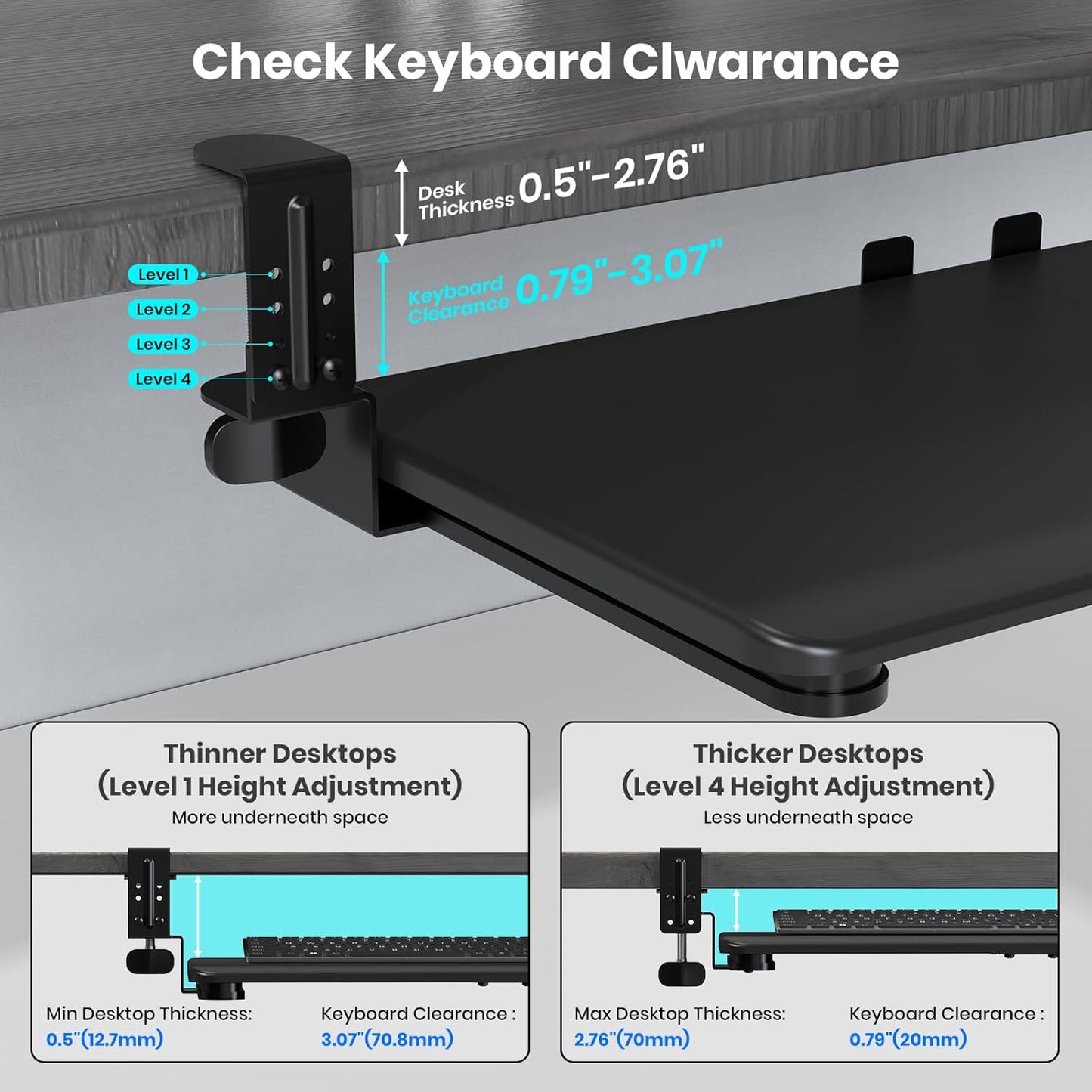Keyboard Tray Under Desk, Pull Out Keyboard & Mouse Tray with Adjustable C-clamp, 25.6(31.5 Including Clamps) x 11.8 Inch Slide Out Computer Keyboard Drawer Mouse Tray for Typing,White