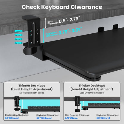 Keyboard Tray Under Desk, Pull Out Keyboard & Mouse Tray with Adjustable C-clamp, 25.6(31.5 Including Clamps) x 11.8 Inch Slide Out Computer Keyboard Drawer Mouse Tray for Typing,White