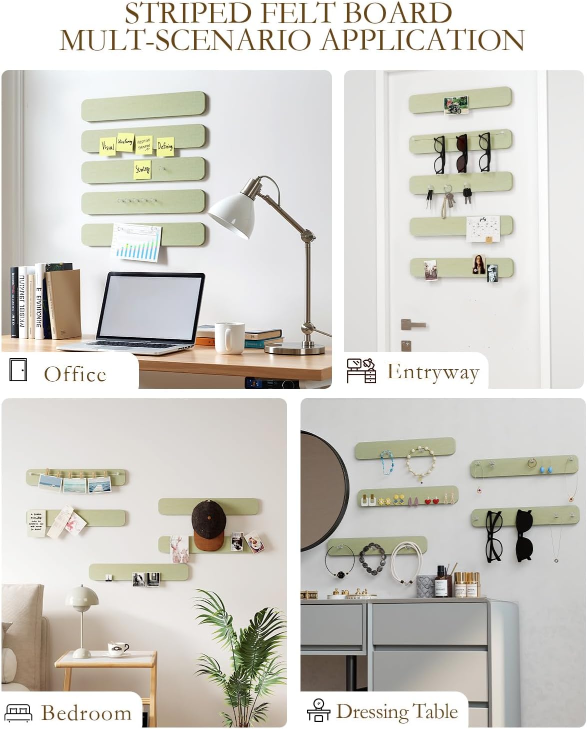 JBER Felt Strip Board 5 Pack 13"x2", Cork Board Alternative Pin Bulletin Board, Self-Adhesive Vision Board with 25 Push Pins for Walls, Office & Home Decor(Light Camel)