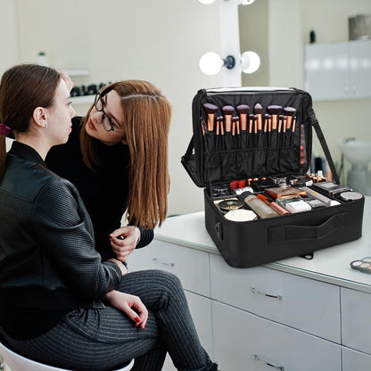 Relavel Makeup Case Large Makeup Bag Professional Train Case 16.5 inches Travel Cosmetic Organizer Brush Holder Waterproof Makeup Artist Storage Box, 3 Layer Large Capacity, with Adjustable Strap