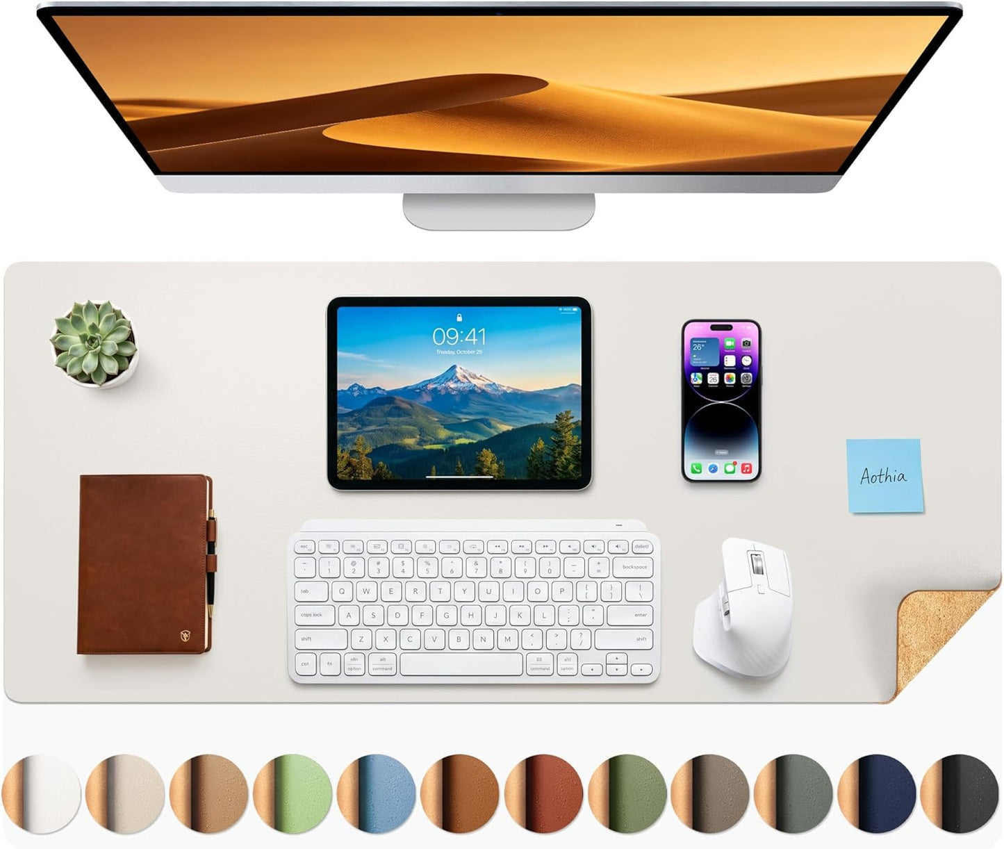 Aothia Dual-Sided Desk Pad - 25.6x13.7 inches Leather Desk Mat, Natural Cork Desk Pad Protector, Large Mouse Pad for Desk, Waterproof Desk Blotter Pad, Desk Writing Pad for Office Work/Home, Black