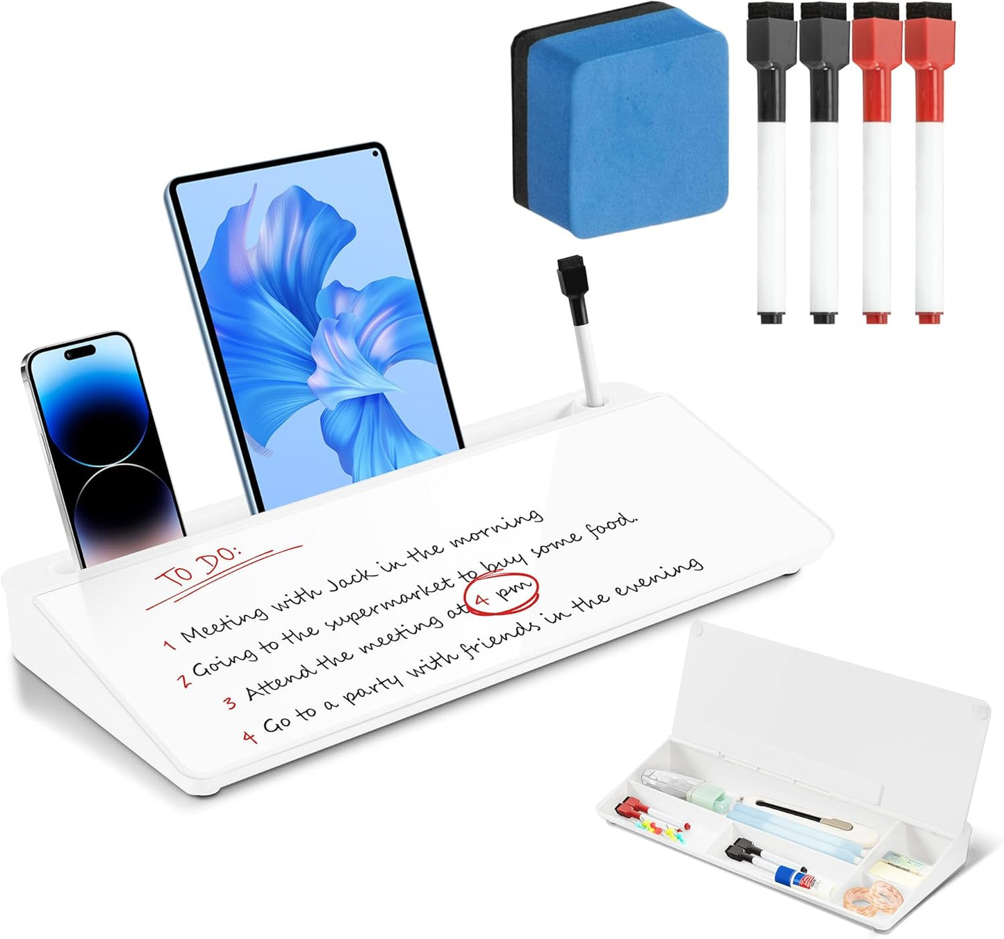VUSIGN Small Dry Erase Board with Storage, 6.8" x 15.8" Glass Desk Whiteboard, Desk Board with Computer Keyboard Stand & Built-in Drawer, Includes 4 Markers, 1 Eraser for Office, Home, School