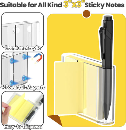 Sticky Note Dispenser, Magnetic Sticky Note Holder for Post It Notes, 3 x 3 Inch Sticky Note Pen Organizer for Office Home Classroom, Black