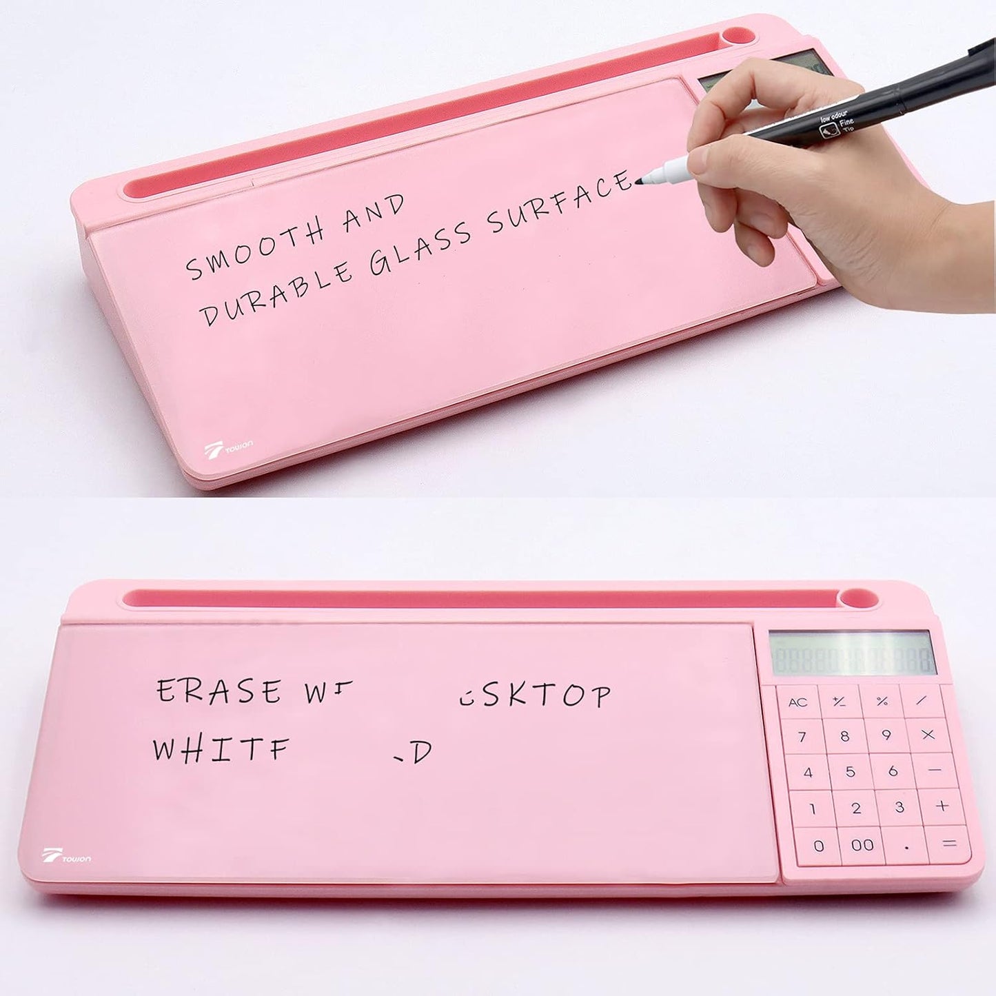 TOWON Small Compact Glass Desktop Whiteboard with Storage – 12 x 7 in Dry Erase Board for Desk, Home Office, School | Includes 5 Markers, Eraser & Holder | Space-Saving Organizer, Aesthetic Rose Gold