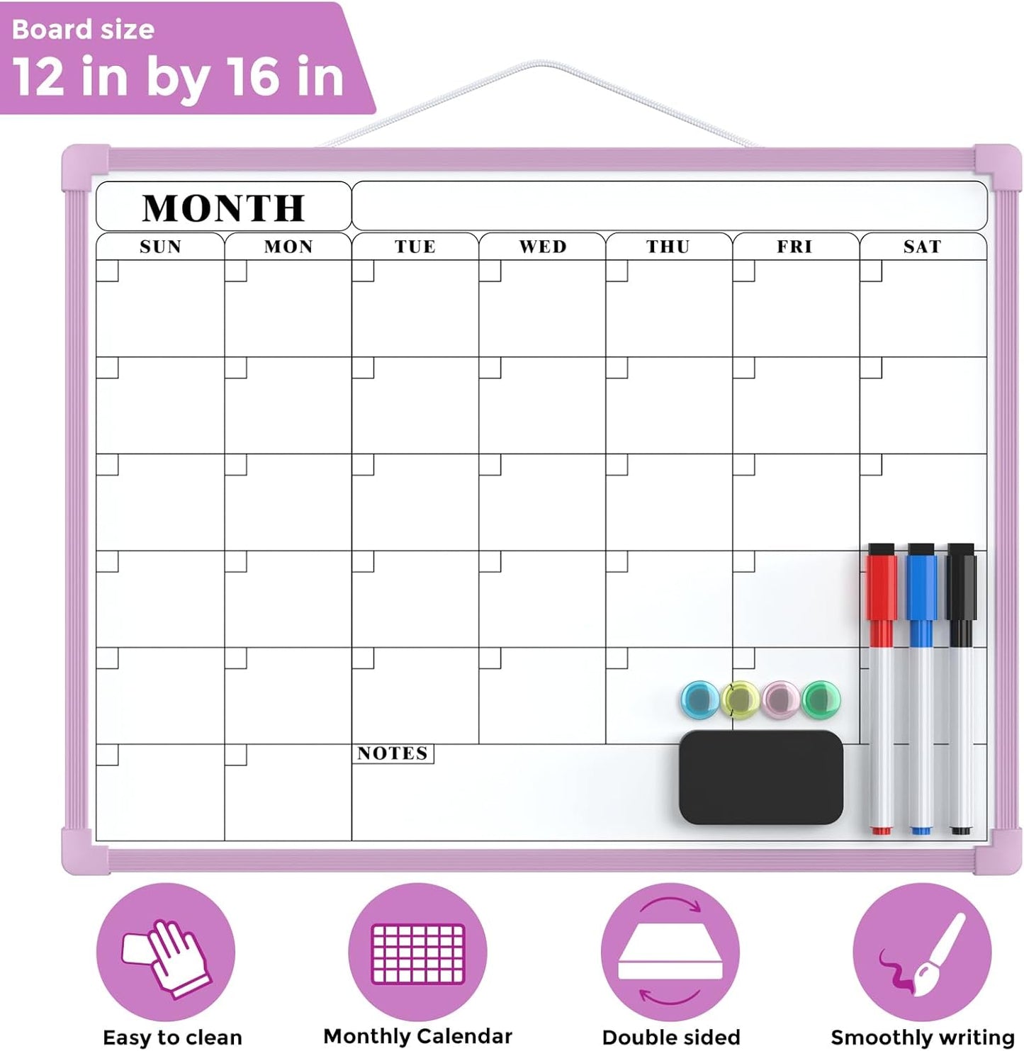 MaxGear Monthly Calendar Dry Erase Board for Wall, 16"x12" Small Hanging Double-Sided White Board, Portable Whiteboard for Planning, Drawing, Memo, to Do List, School, Home, Kitchen, Office