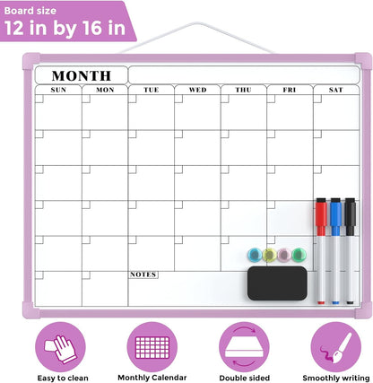 MaxGear Monthly Calendar Dry Erase Board for Wall, 16"x12" Small Hanging Double-Sided White Board, Portable Whiteboard for Planning, Drawing, Memo, to Do List, School, Home, Kitchen, Office
