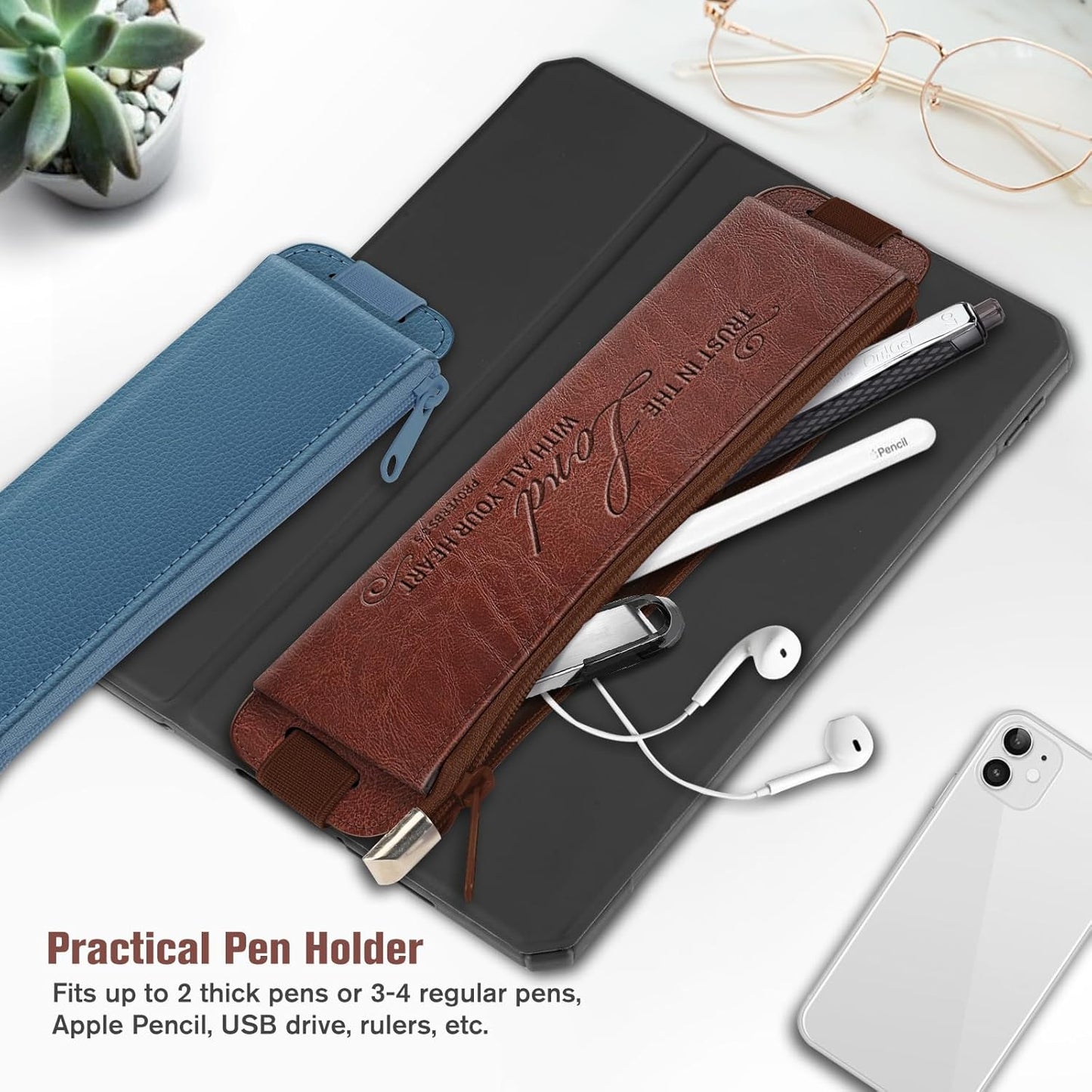 FINPAC 2-Pack Elastic Pen Holder for Notebook, Leather Pen Holder Stationery Zipper Bag for Pencils, Markers, Pen Pouch w/Elastic Band for Bible Journaling, Planners, Tablets, Brown