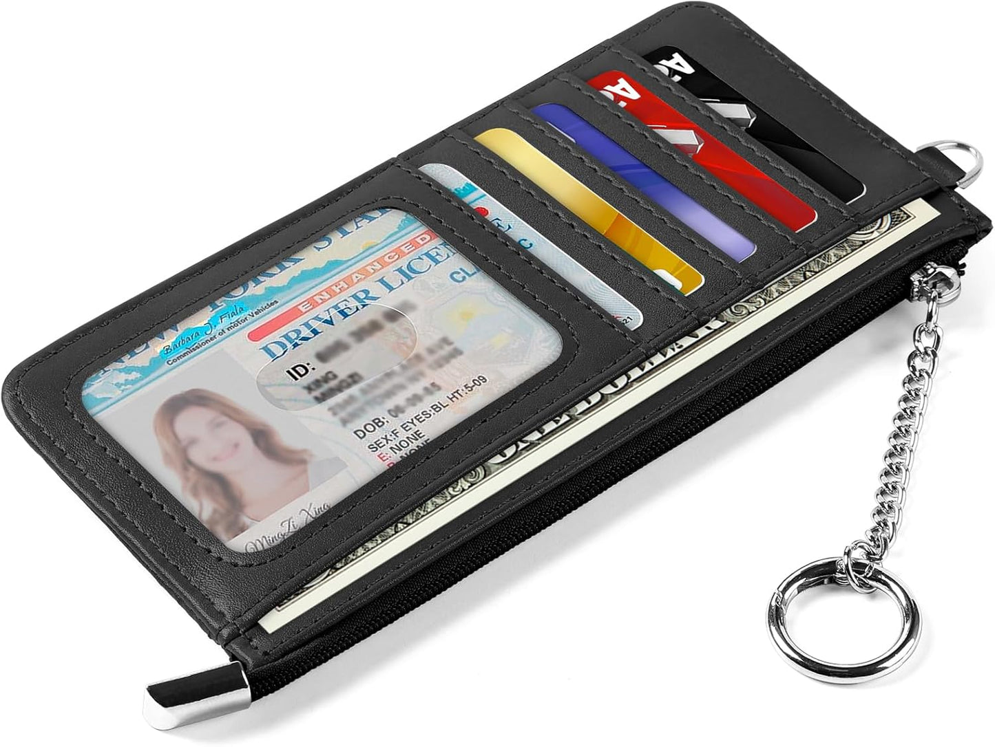 RFID Blocking Slim Credit Card Holder Wallet with Zipper Money Pocket & Keychain, Slim Airtag Wallet for Men Women