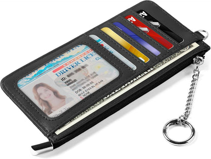 RFID Blocking Slim Credit Card Holder Wallet with Zipper Money Pocket & Keychain, Slim Airtag Wallet for Men Women