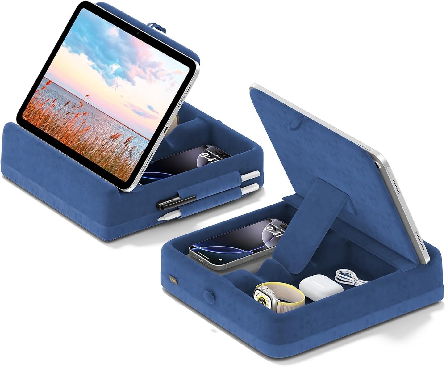 KDD Tablet Pillow Stand with Storage, Foldable iPad Holder for Bed, Lap and Desk, Angle Adjustable Soft Pad Dock with Stylus Mount Compatible with Ipad Pro 12.9, 10.5, 11, Air, Mini, Phones, Books