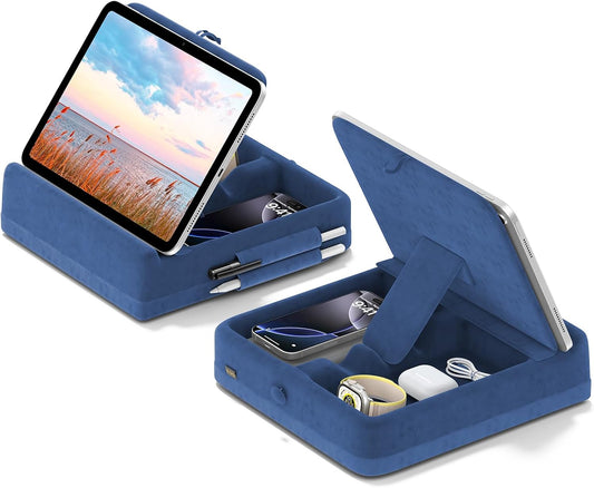 KDD Tablet Pillow Stand with Storage, Foldable iPad Holder for Bed, Lap and Desk, Angle Adjustable Soft Pad Dock with Stylus Mount Compatible with Ipad Pro 12.9, 10.5, 11, Air, Mini, Phones, Books