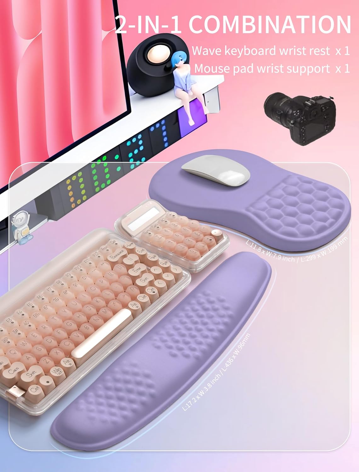 Hokafenle 2in1 Combination, Wave Keyboard Wrist Rest and Ergonomic Curvature Mouse Pad Wrist Support for Relieve Wrist Pain, Filled with Soft Cushion Memory Foam, Black