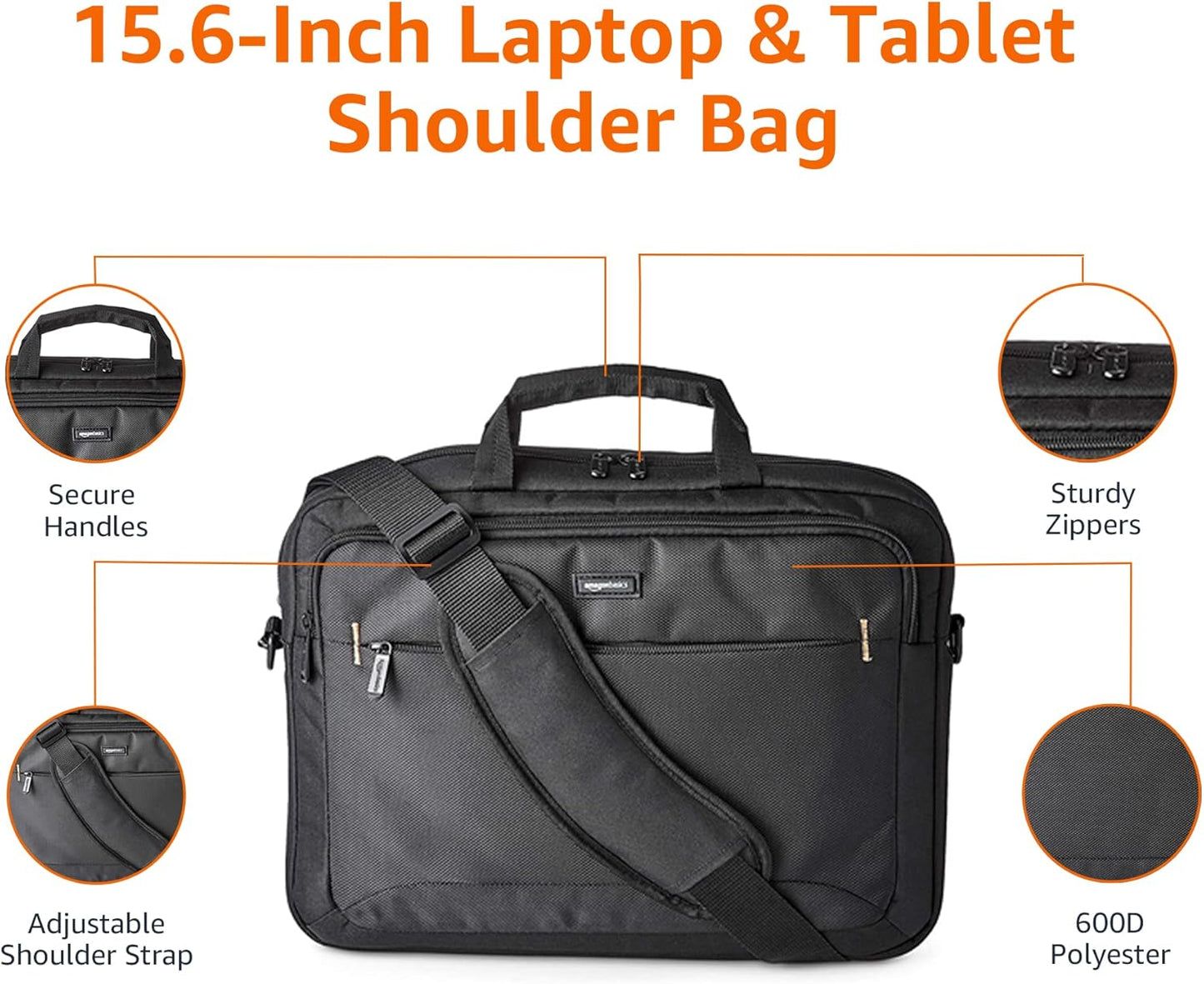 Amazon Basics Laptop Tablet Carrying Case with Shoulder Strap and Grab Handles, 14-inch, Black, Compartments for Storage