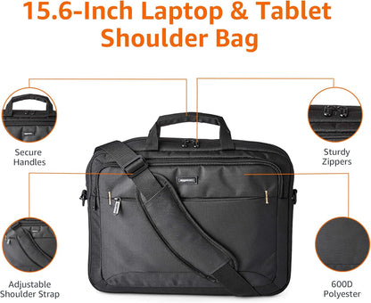 Amazon Basics Laptop Tablet Carrying Case with Shoulder Strap and Grab Handles, 14-inch, Black, Compartments for Storage