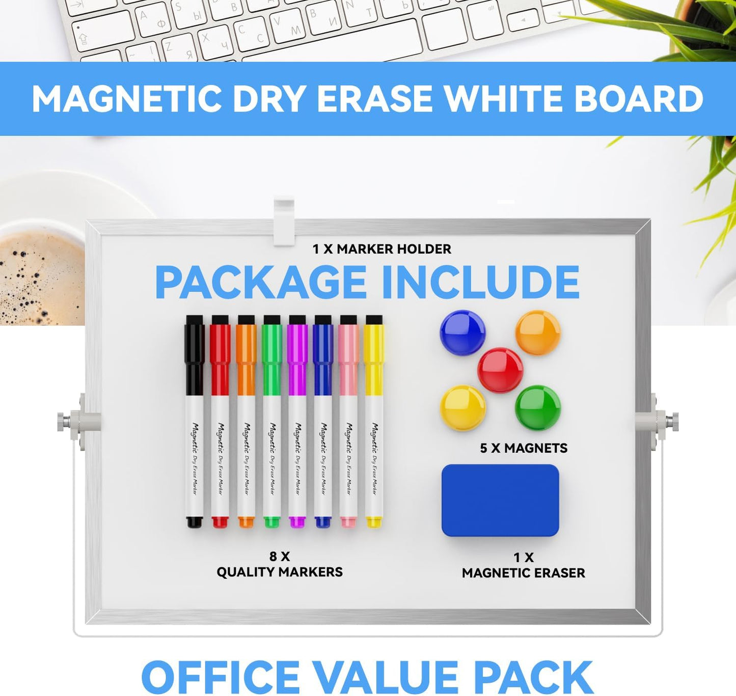 Dry Erase White Board, Cazeyoo Magnetic Desktop Whiteboard 16 x 12inch with Stand, 10 Markers, 4 Magnets and 1 Eraser, Portable Double-Sided White Board for Kids Drawing, Office, Home, School