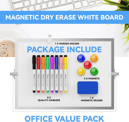 Dry Erase White Board, Cazeyoo Magnetic Desktop Whiteboard 16 x 12inch with Stand, 10 Markers, 4 Magnets and 1 Eraser, Portable Double-Sided White Board for Kids Drawing, Office, Home, School