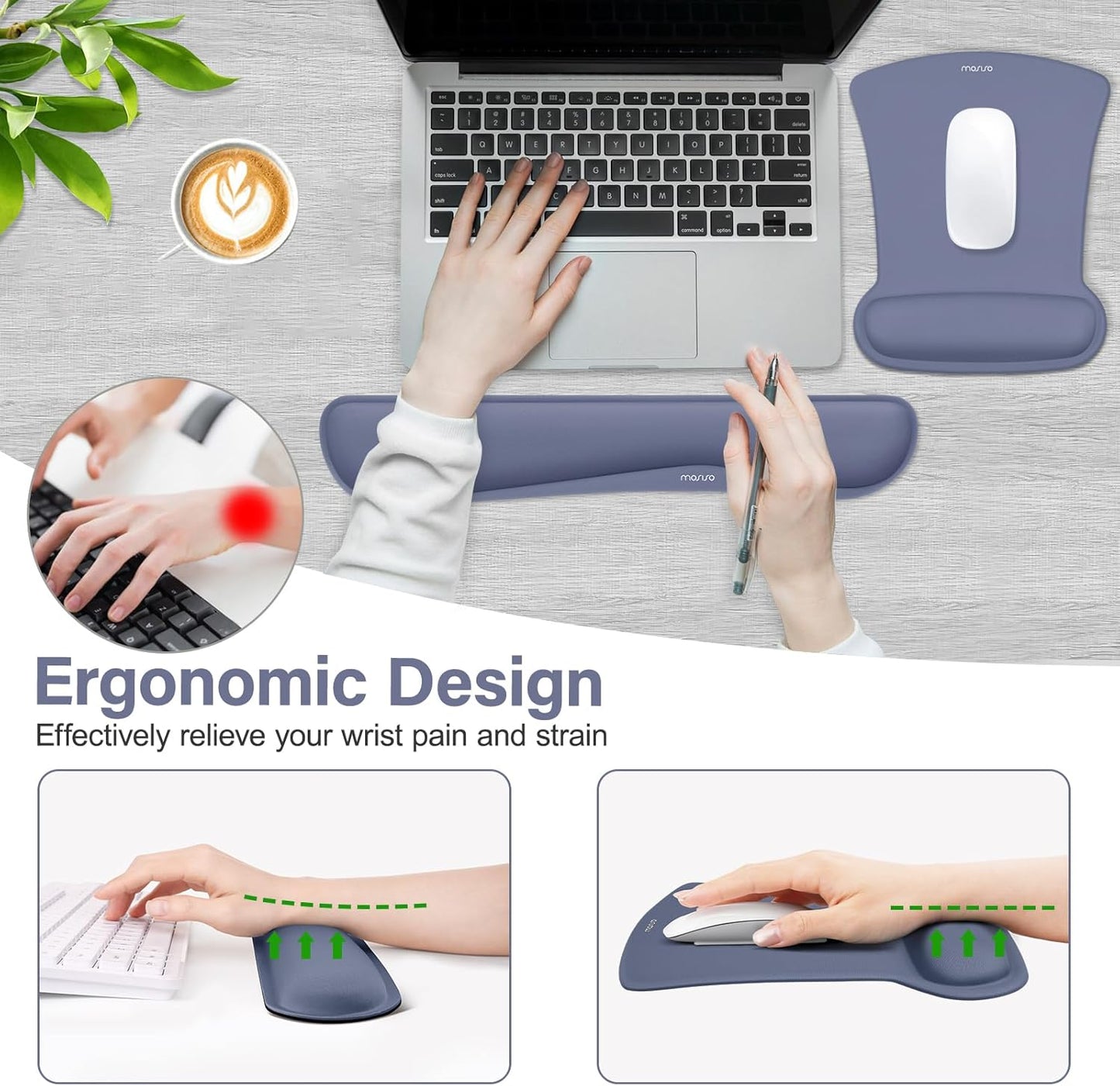 MOSISO Wrist Rest Support for Mouse Pad & Keyboard Set, Ergonomic Mousepad Non-Slip Base Home/Office Pain Relief & Easy Typing Cushion with Neoprene Cloth & Raised Memory Foam, Black